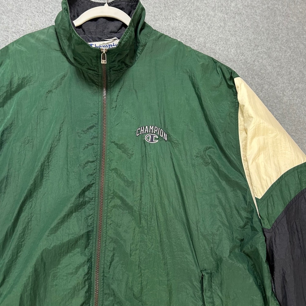 Champion Windbreaker Jacket Mens XXL Green Nylon Streetwear Sportswear Vintage